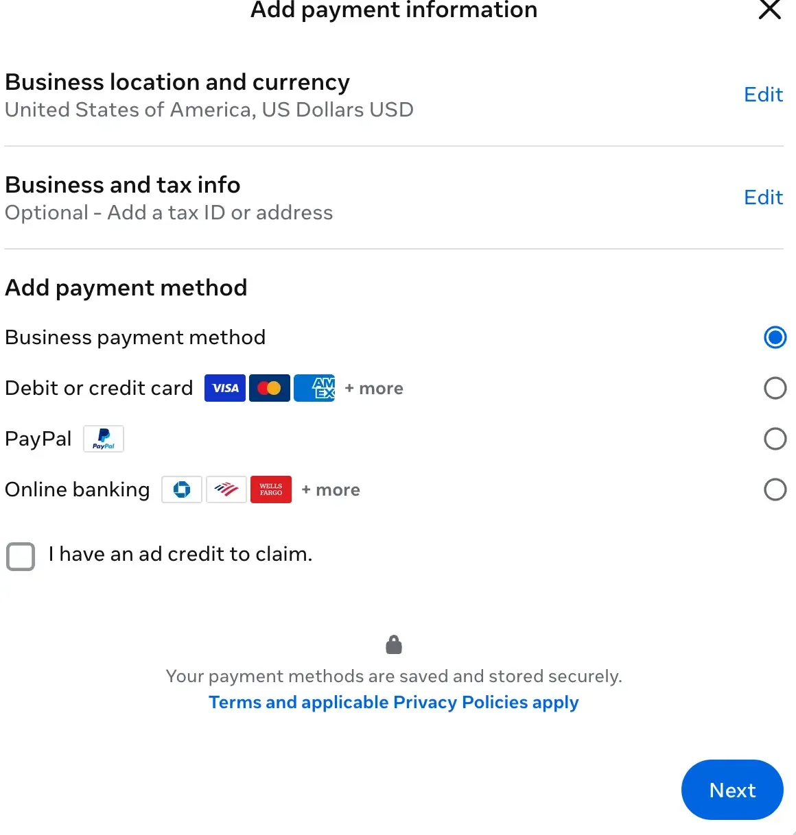 Adding a payment method