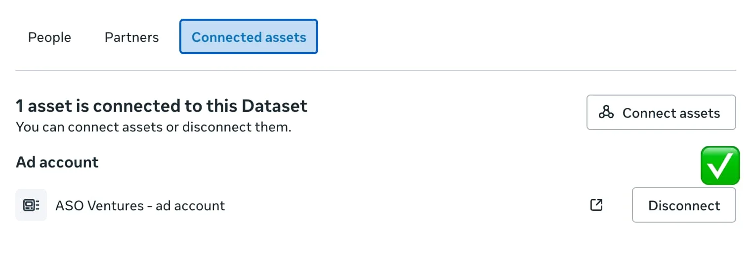 Meta Events Manager pixel connected assets check