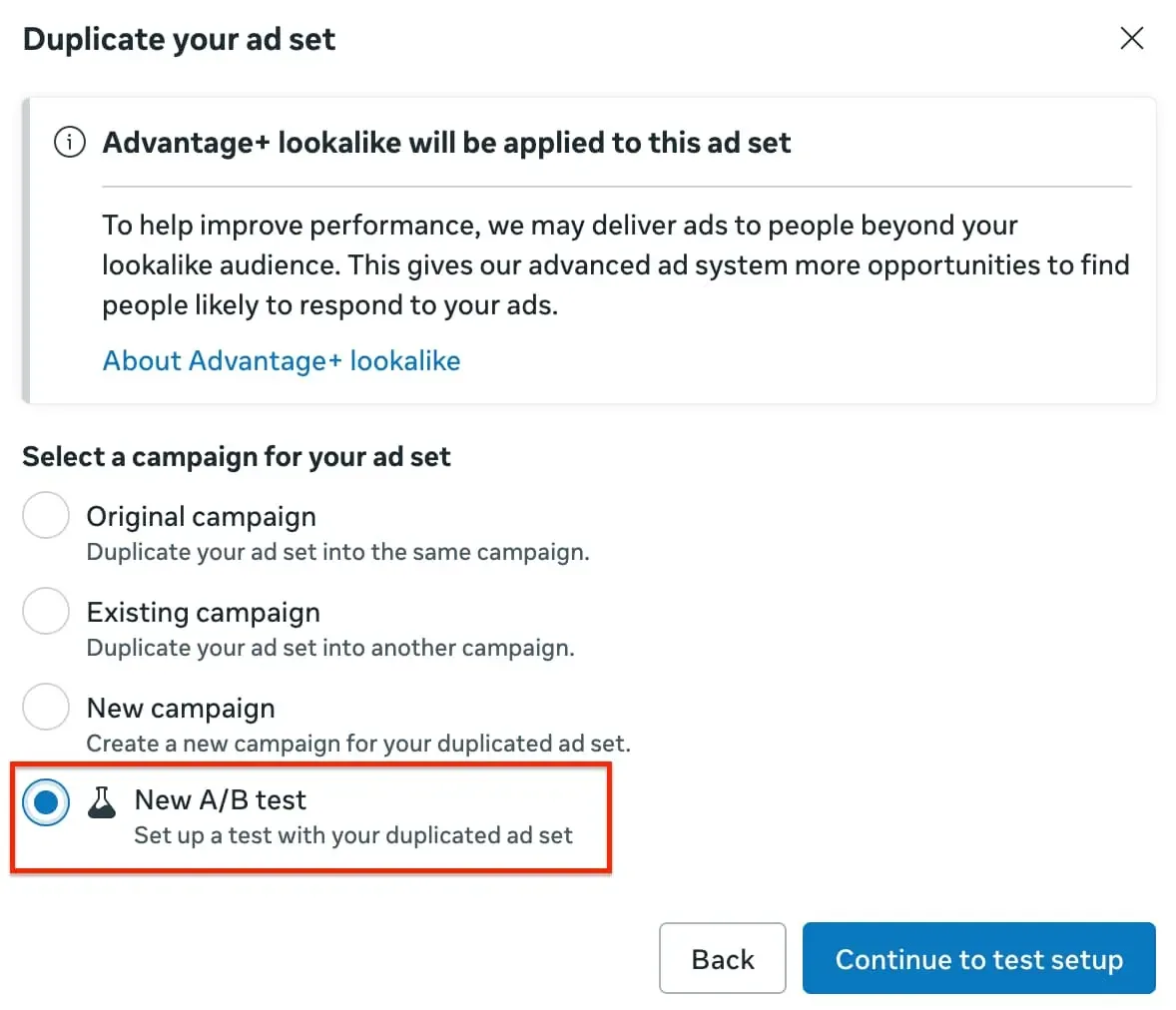 A/B test vs two ad sets in Meta Ads