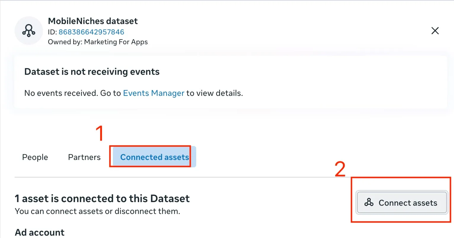 Meta Business Settings data sources pixels list