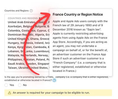 Apple Ads France country or region notice describing the agency restriction