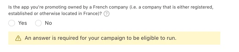 Apple Ads asking whether the promoted app is owned by a French company